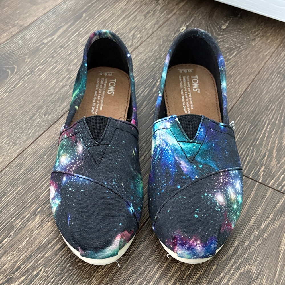 Toms Galaxy Print Slip-Ons - Black with Teal, Purple & Pink Accents